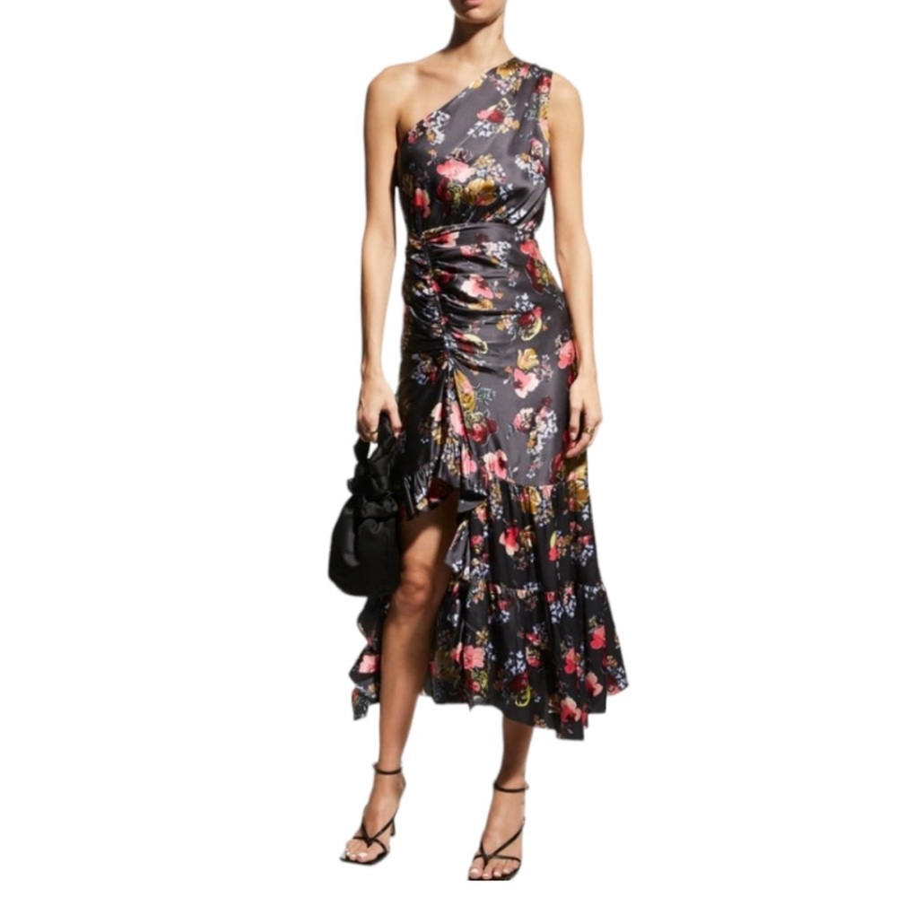 Cinq à Sept One Shoulder Floral Dress - Black and Pink